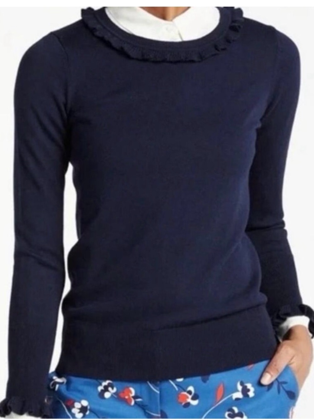 Boden Bernadette Preppy Wool Ruffle Neck Cottagecore Sweater Navy Size 4
